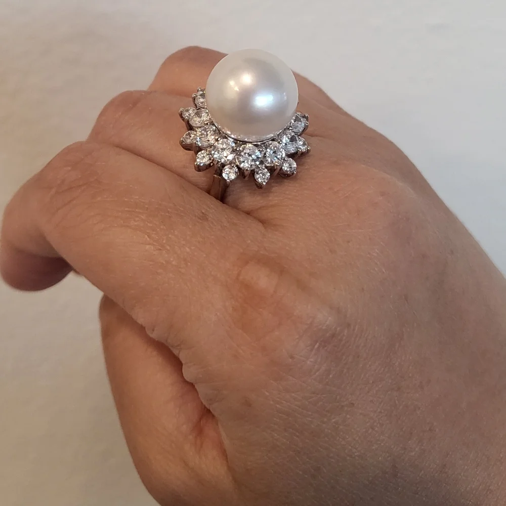 13mm white south sea pearl 14k yellow & white gold ring Sz6 Signity CZ halo - Picture 7 of 10